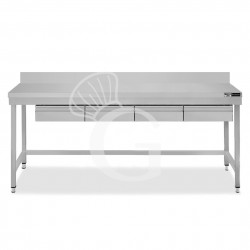 Mesa de acero inoxidable con 4 cajones y peto trasero, L 1800 mm x P 800 mm x H 965 mm