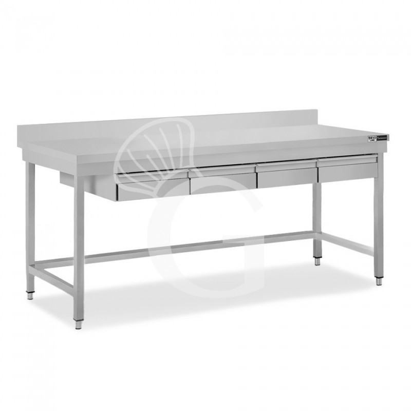 Mesa de acero inoxidable con 4 cajones y peto trasero, L 1800 mm x P 800 mm x H 965 mm