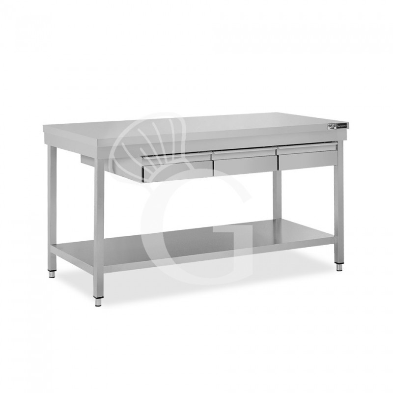 Mesa simple de acero inoxidable con superficie de trabajo, 3 cajones, L 1700 × P 800 × H 865 mm