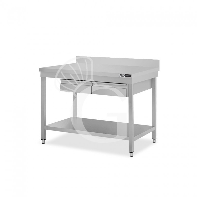 Mesa de acero inoxidable con estante peto 2 cajones L 1000 mm x P 600 mm x A 965 mm