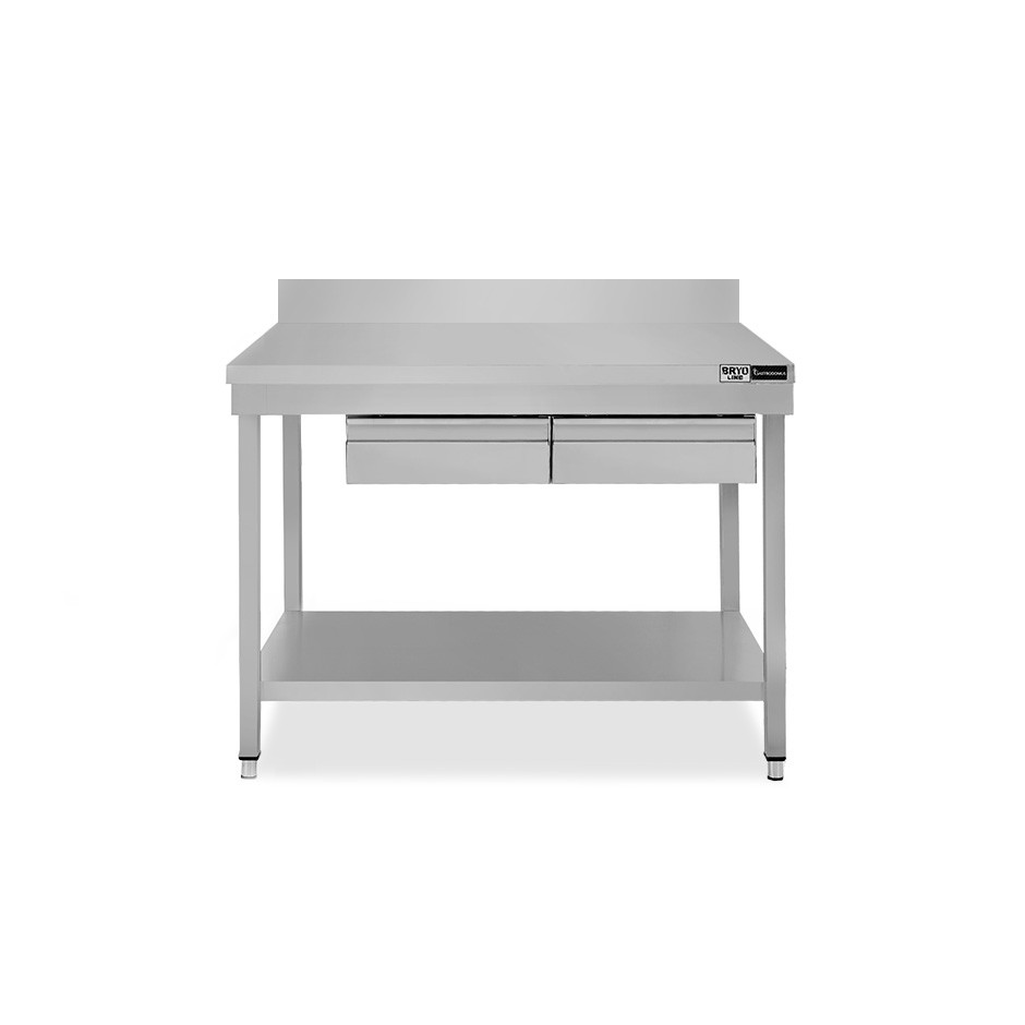 Mesa de acero inoxidable con estante, peto y 2 cajones, L 1000 × P 800 × H 965 mm