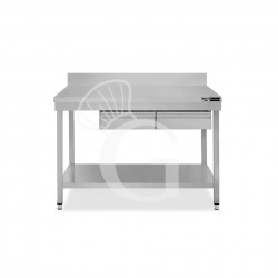 Mesa de acero inoxidable con estante peto 2 cajones L 1200 mm x P 800 mm x A 965 mm