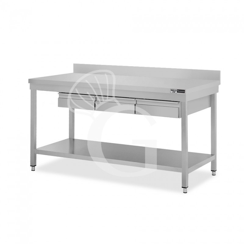 Mesa de acero inoxidable con estante peto 3 cajones L 1700 mm x P 800 mm x A 965 mm
