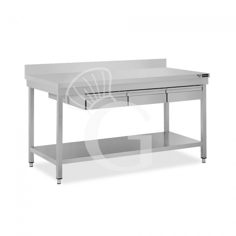 Mesa de acero inoxidable con estante peto 3 cajones L 1700 mm x P 800 mm x A 965 mm