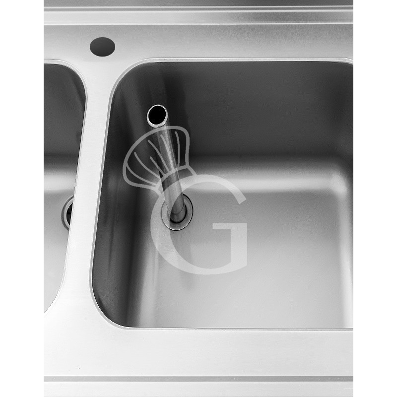 Fregadero con mueble de acero inox, 2 puertas, 2 cubetas, 2 escurridores y peto L1800xP700xA965mm-con agujero para grifo Ø32mm