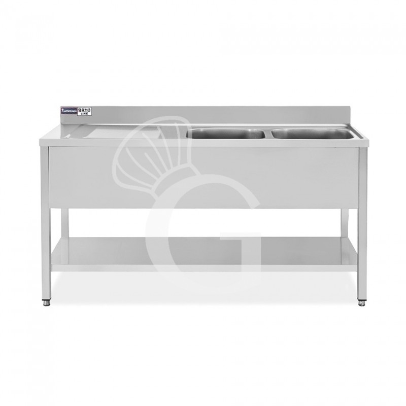 Fregadero  inox con peto, 1 balda, 2 senos escurridor  lado izq, L1700  x P 700 mm x H 965 mm - con orificio para grifo Ø 32 mm