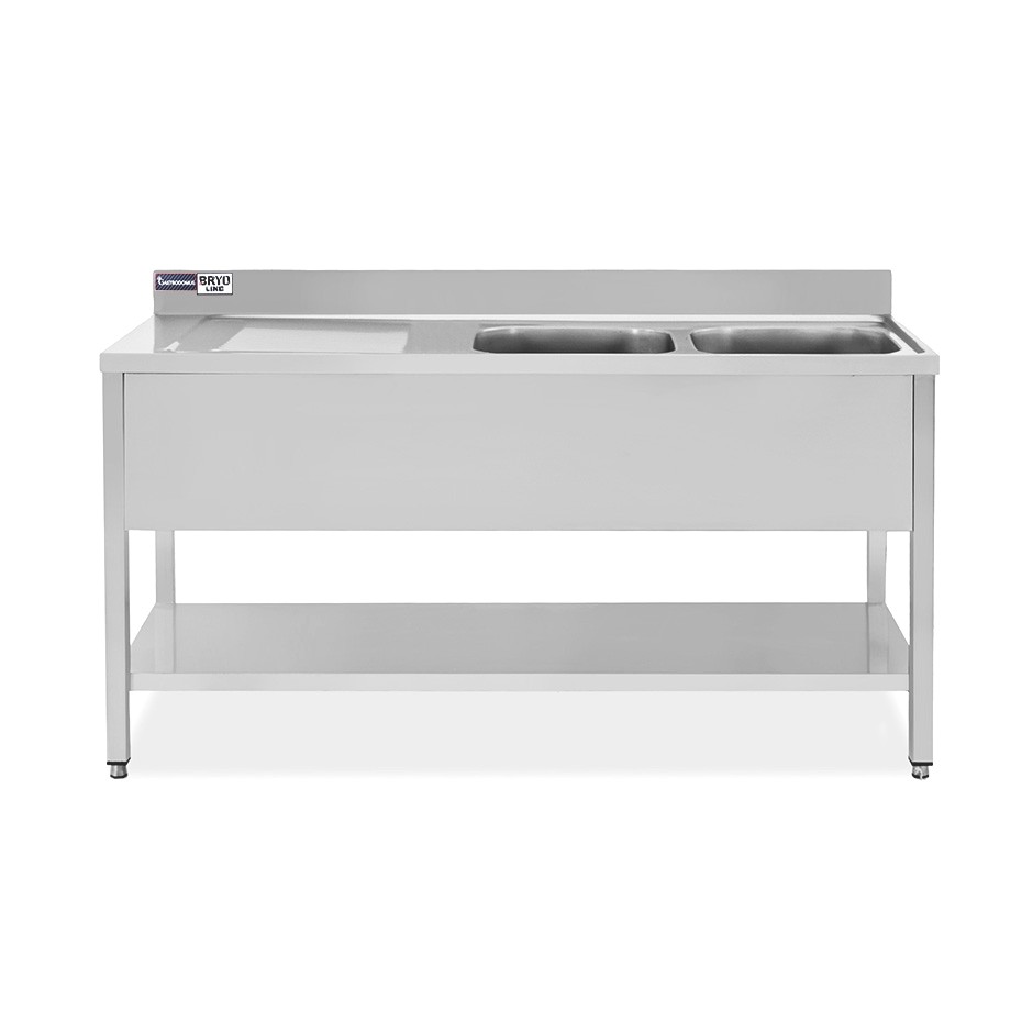 Fregadero  inox con peto, 1 balda, 2 senos escurridor  lado izq, L1700  x P 700 mm x H 965 mm - con orificio para grifo Ø 32 mm
