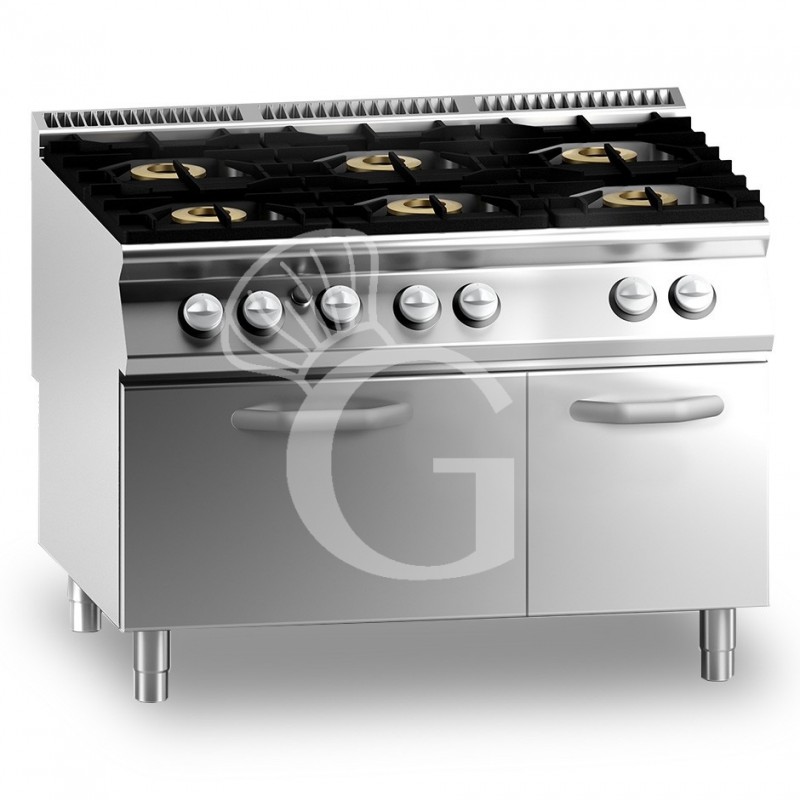 Cocina de gas profesional con 6 fuegos, horno de gas, profundidad 900 mm