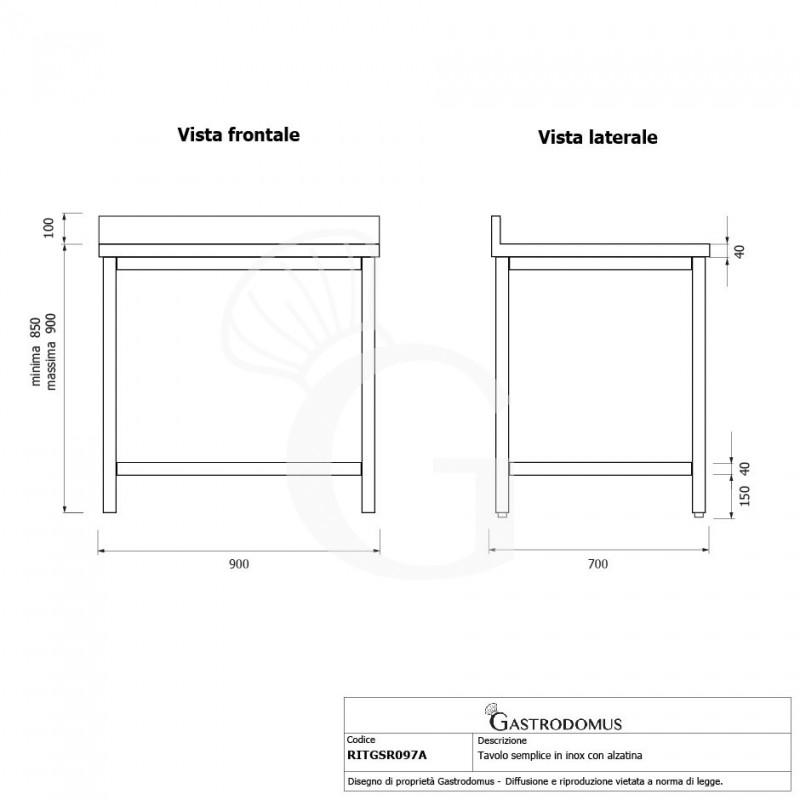Mesa de acero inoxidable con peto trasero L 900 mm x P 700 mm x A 950 mm