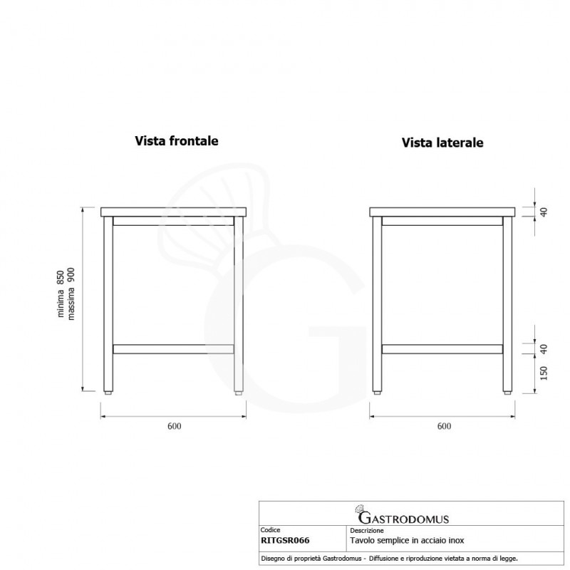 Mesa de acero inoxidable L 600 mm x P 600 mm x A 850 mm
