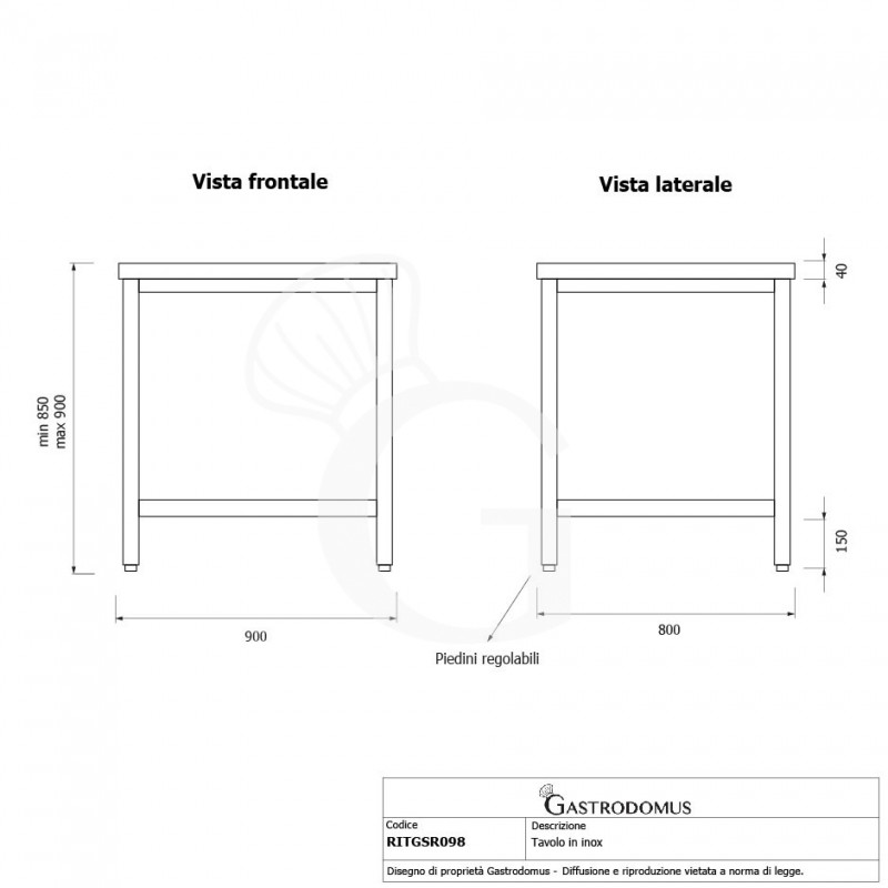 Tavolo inox L 900 mm x P 800 mm x H 850 mm