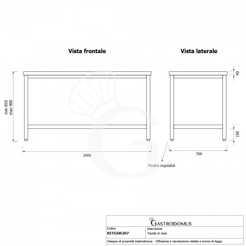 Mesa de acero inoxidable L 2000 mm x P 700 mm x A 850 mm