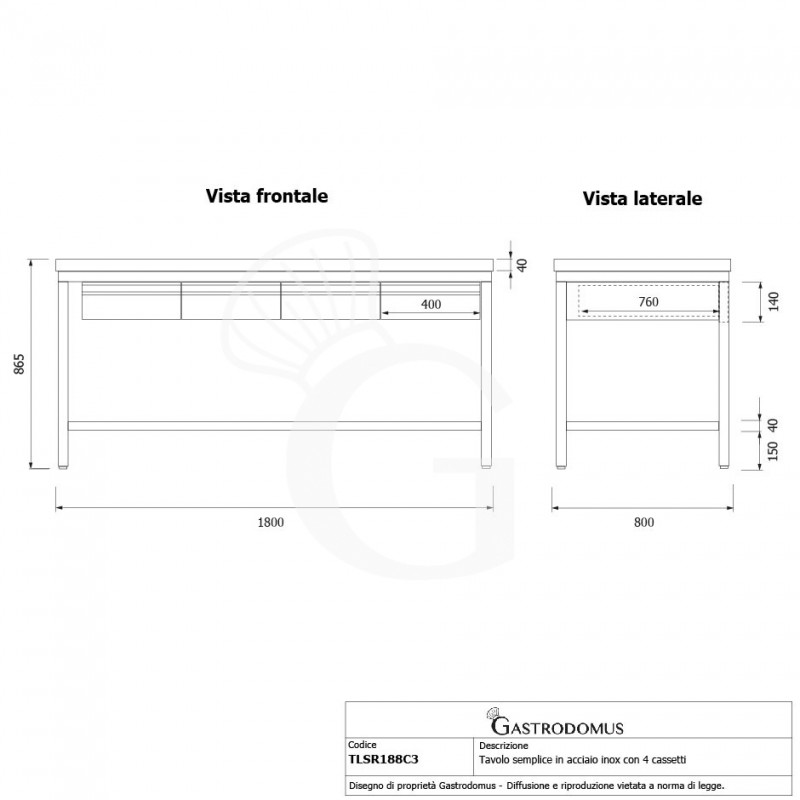 Mesa de acero inoxidable con 4 cajones, L 1800 mm x P 800 mm x H 865 mm