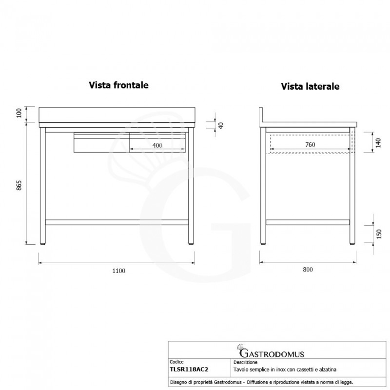 Mesa de acero inoxidable con 2 cajones y peto L 1100 mm x P 800 mm x A 965 mm
