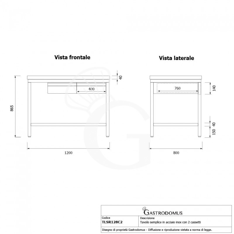 Mesa de acero inoxidable con 2 cajones y peto L 1200 mm x P 800 mm x A 965 mm