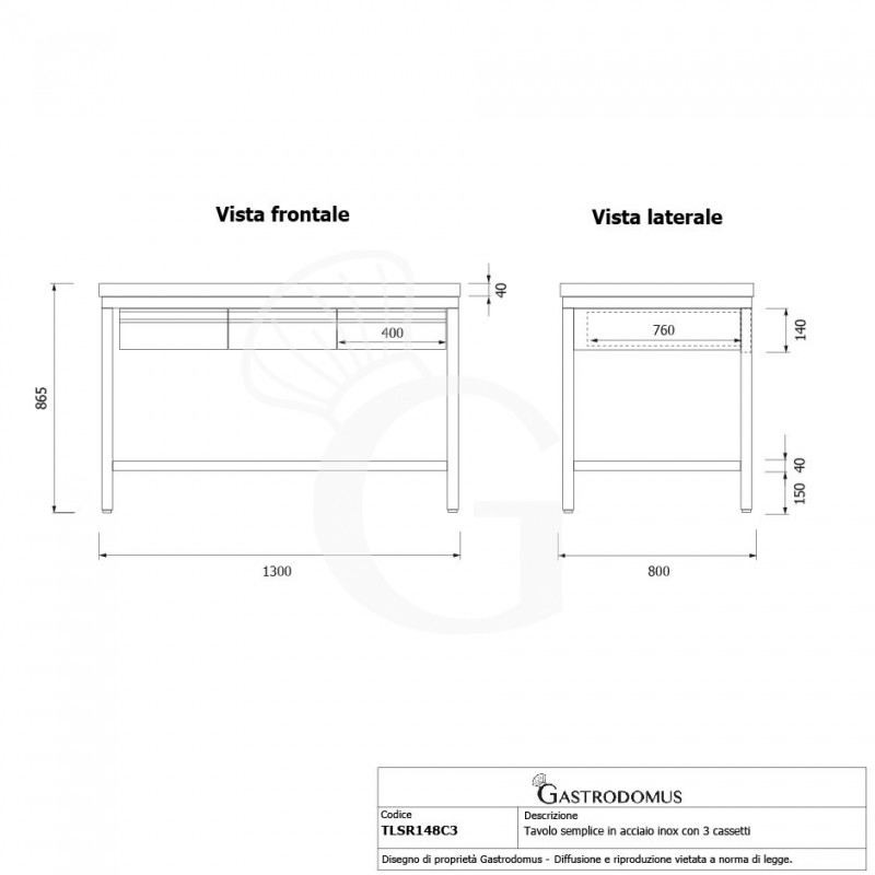 Mesa de acero inoxidable con 3 cajones y peto L 1400 mm x P 800 mm x A 965 mm