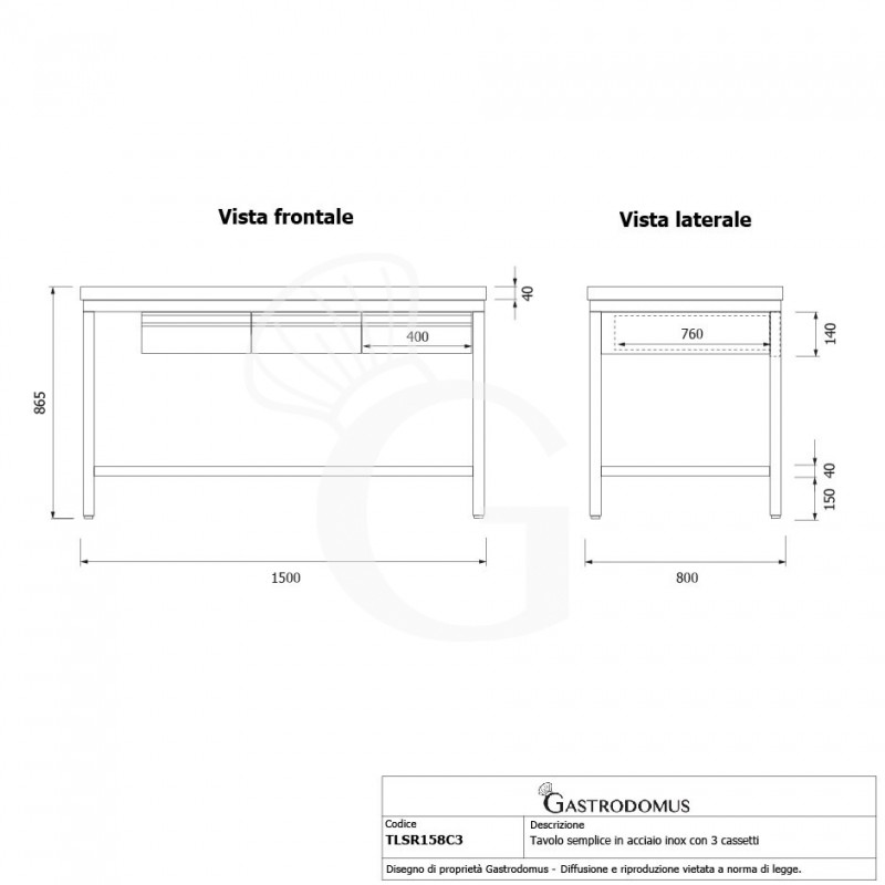 Mesa de acero inoxidable con 3 cajones y peto L 1500 mm x P 800 mm x A 965 mm