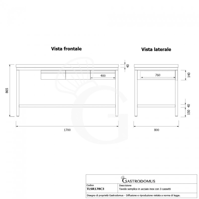 Mesa de acero inoxidable con 3 cajones y peto L 1600 mm x P 800 mm x A 965 mm