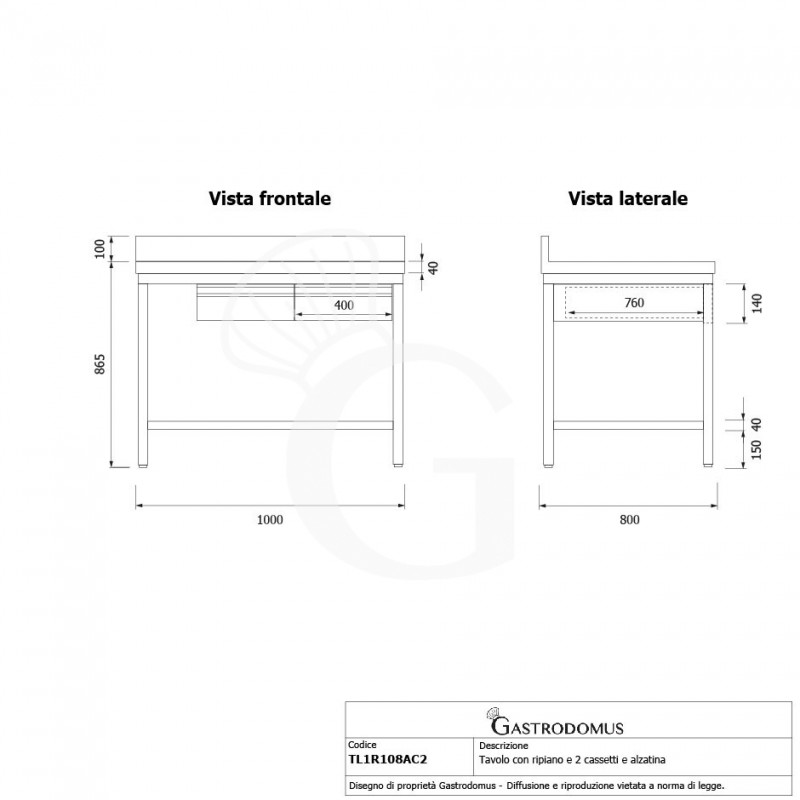 Mesa de acero inoxidable con estante, peto y 2 cajones, L 1000 × P 800 × H 965 mm