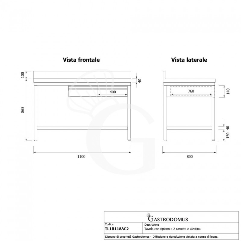 Mesa en acero inoxidable con estante inferior, alzatina y 2 cajones, dimensiones L 1100 × P 800 × H 965 mm