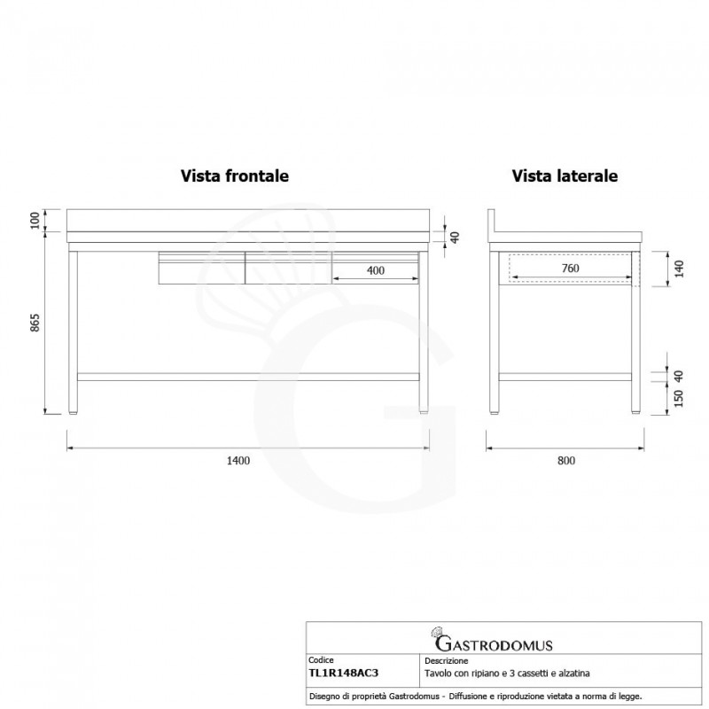Mesa de acero inoxidable con estante peto 3 cajones L 1400 mm x P 800 mm x A 965 mm