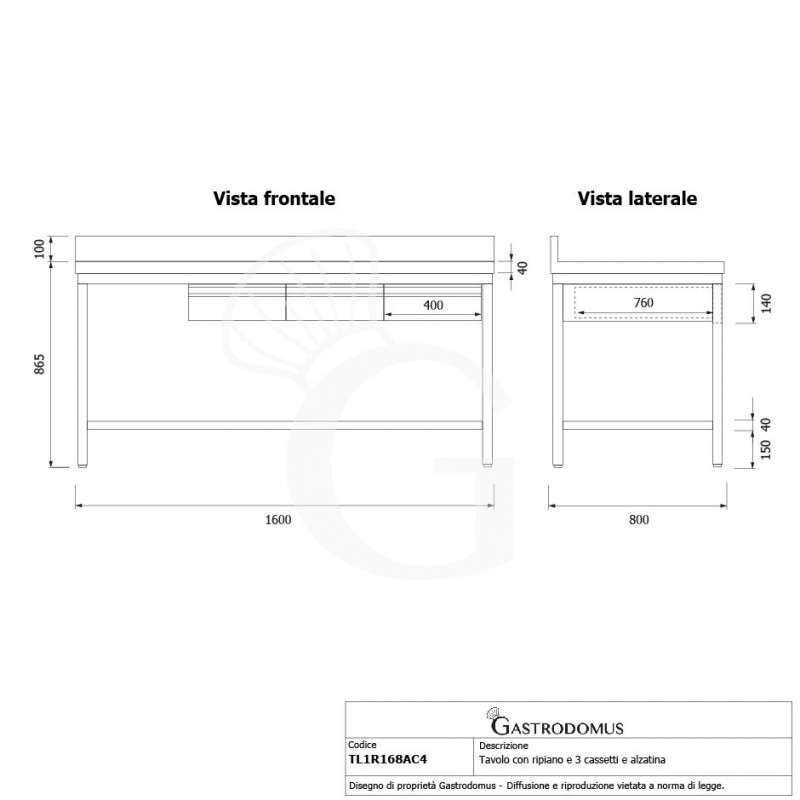 Mesa de acero inoxidable con estante peto 3 cajones L 1600 mm x P 800 mm x A 965 mm