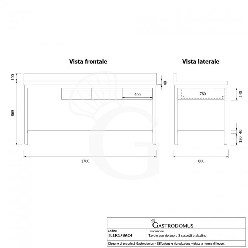 Mesa de acero inoxidable con estante peto 3 cajones L 1700 mm x P 800 mm x A 965 mm