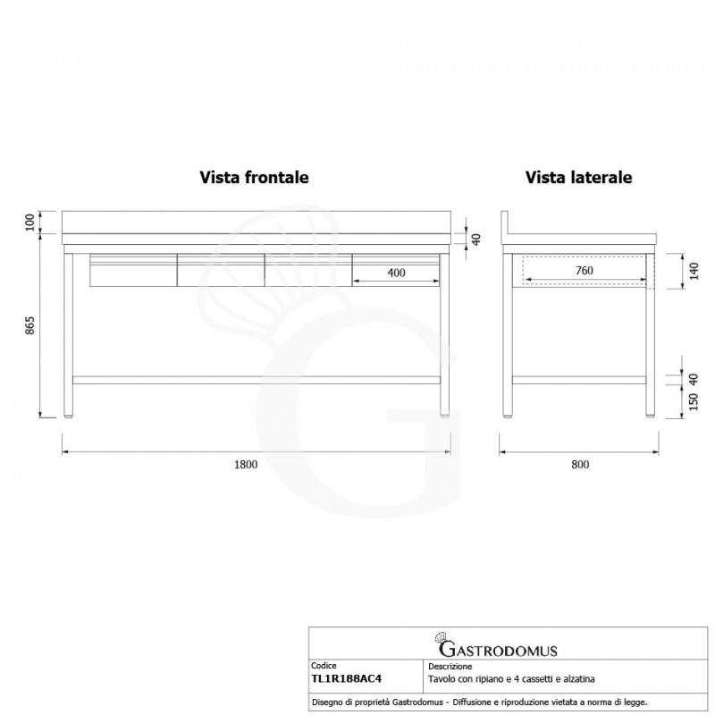 Mesa de acero inoxidable con estante peto 4 cajones L 1800 mm x P 800 mm x A 965 mm
