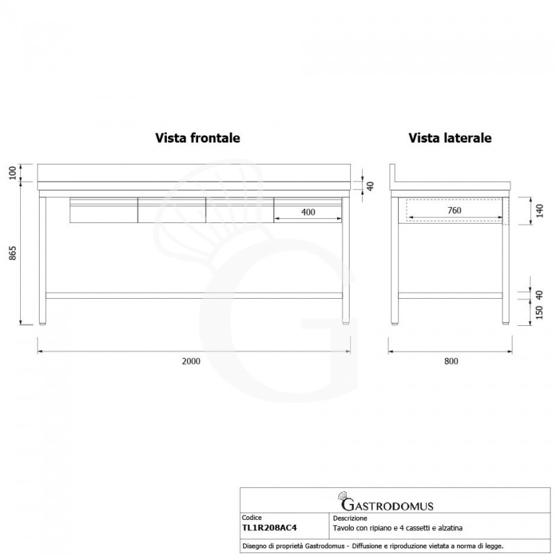 Mesa de acero inoxidable con estante peto 4 cajones L 2000 mm x P 800 mm x A 965 mm