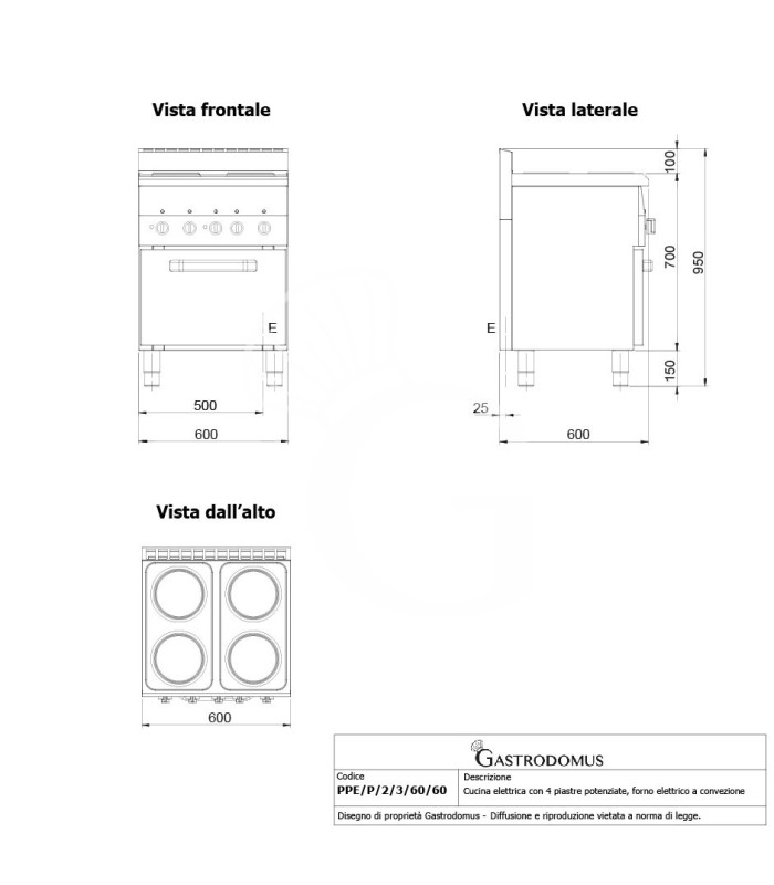 Cocina eléctrica profesional de 4 placas de alta potencia con horno eléctrico de convección GN 2/3, profundidad 600 mm