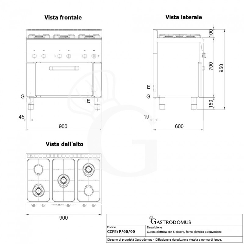 Cocina de gas profesional 5 fuegos, horno eléctrico de convección GN1/1 rejillas profundidad 600 mm