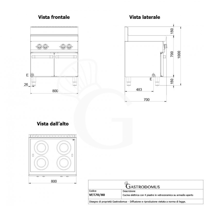 Cocina eléctrica profesional 4 placas de vitrocerámica en mueble abierto de 700 mm de profundidad