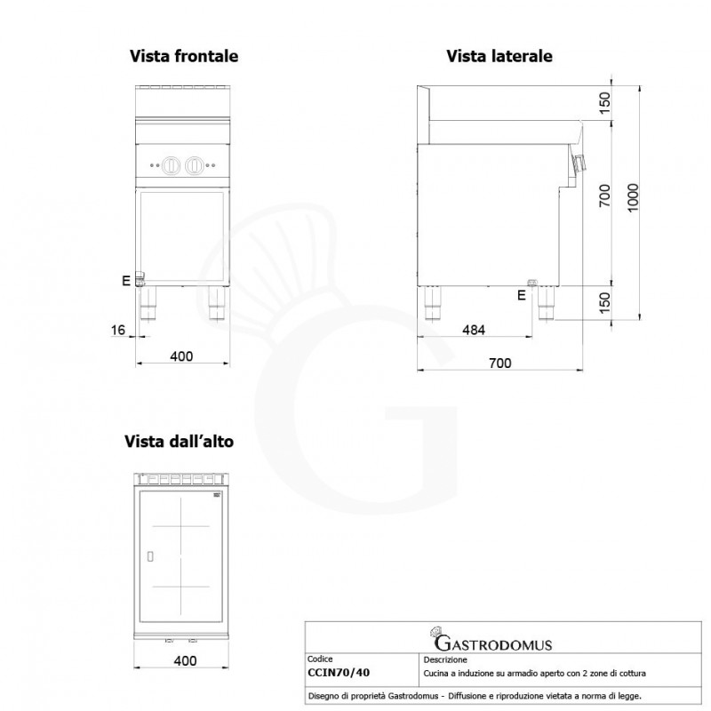 Cocina de inducción profesional en mueble abierto 2 zonas de cocción profundidad 700 mm