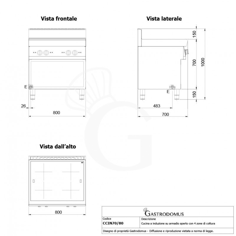 Cocina de inducción profesional en mueble abierto 4 zonas de cocción profundidad 700 mm