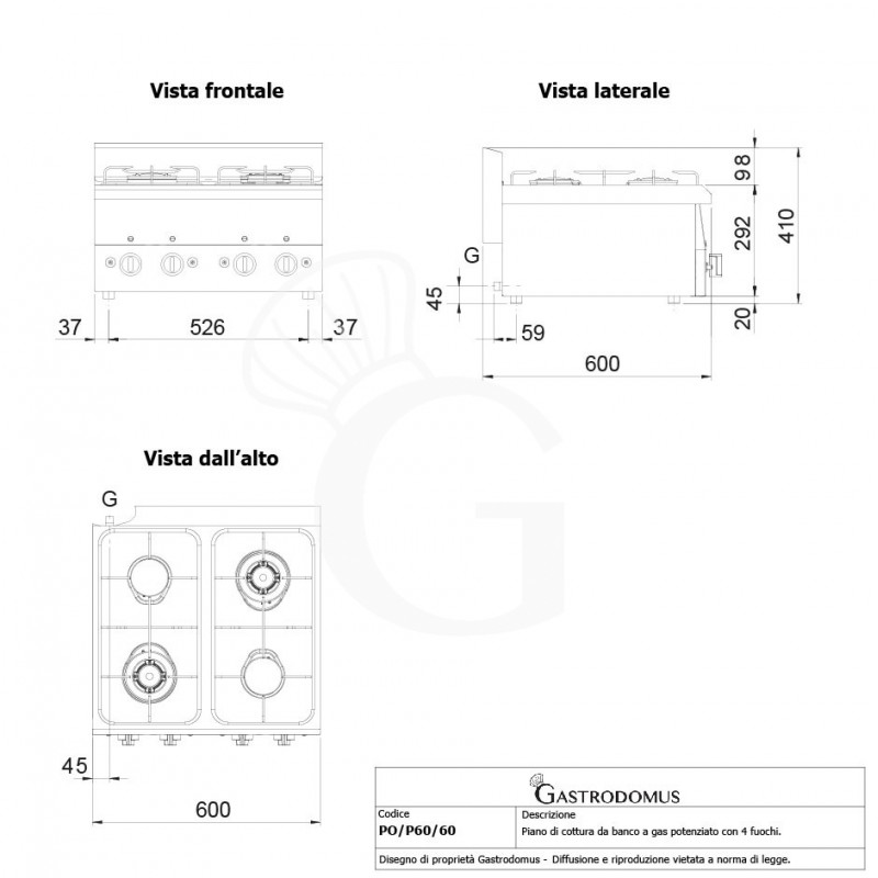 Cocina a gas de sobremesa 4 fuegos, 600 mm de profundidad, potenciada