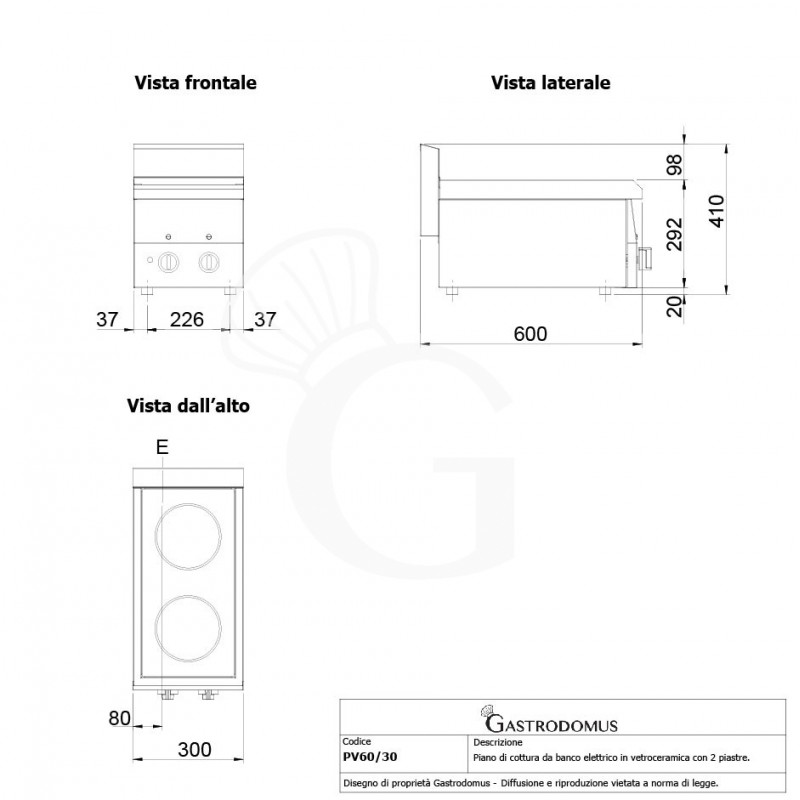 Cocina de sobremesa en vitrocerámica eléctrica 2 placas, 600 mm de profundidad
