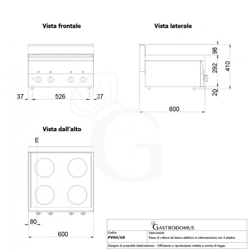 Cocina de sobremesa en vitrocerámica eléctrica 4 placas, 600 mm de profundidad