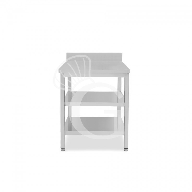 Mesa simple de acero inoxidable con 2 estantes, peto trasero, longitud 400 mm x profundidad 800 mm x altura 965 mm