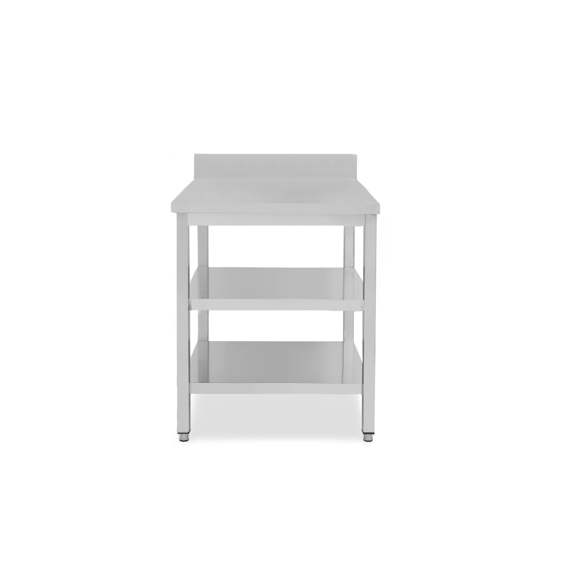 Mesa simple de acero inoxidable con 2 estantes, peto trasero, longitud 400 mm x profundidad 800 mm x altura 965 mm