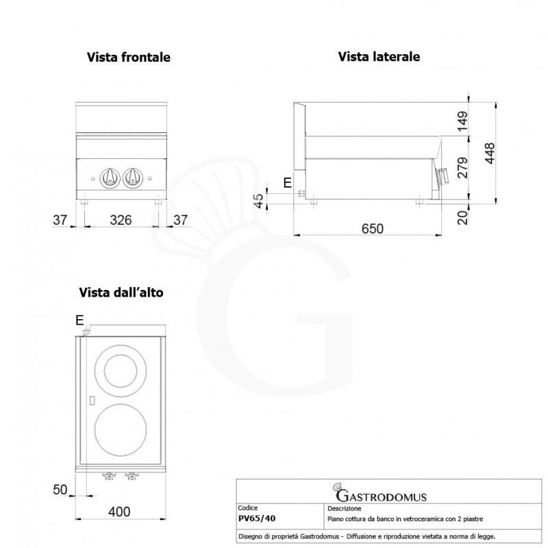 Cocina de sobremesa en vitrocerámica eléctrica 2 placas, 650 mm de profundidad