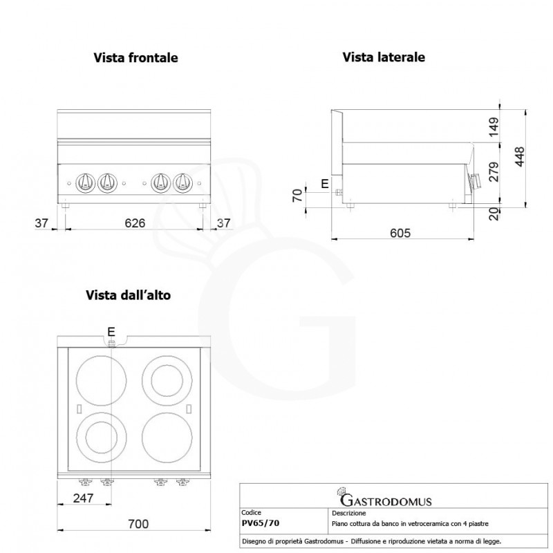 Cocina de sobremesa en vitrocerámica eléctrica 4 placas, 650 mm de profundidad