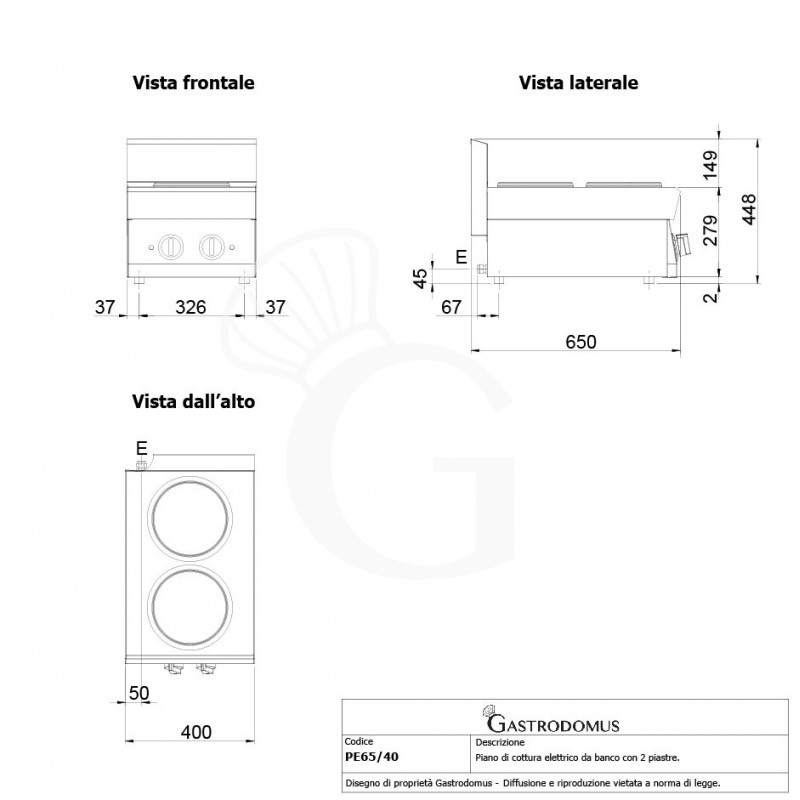 Cocina de sobremesa eléctrica 2 placas, 650 mm de profundidad