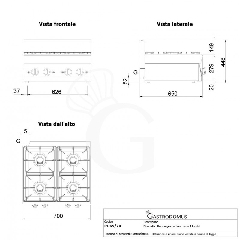 Cocina a gas de sobremesa, 4 fuegos con quemador piloto, 650 mm de profundidad