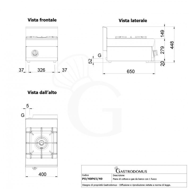 Cocina a gas de sobremesa, 1 fuego con quemador piloto, 650 mm de profundidad