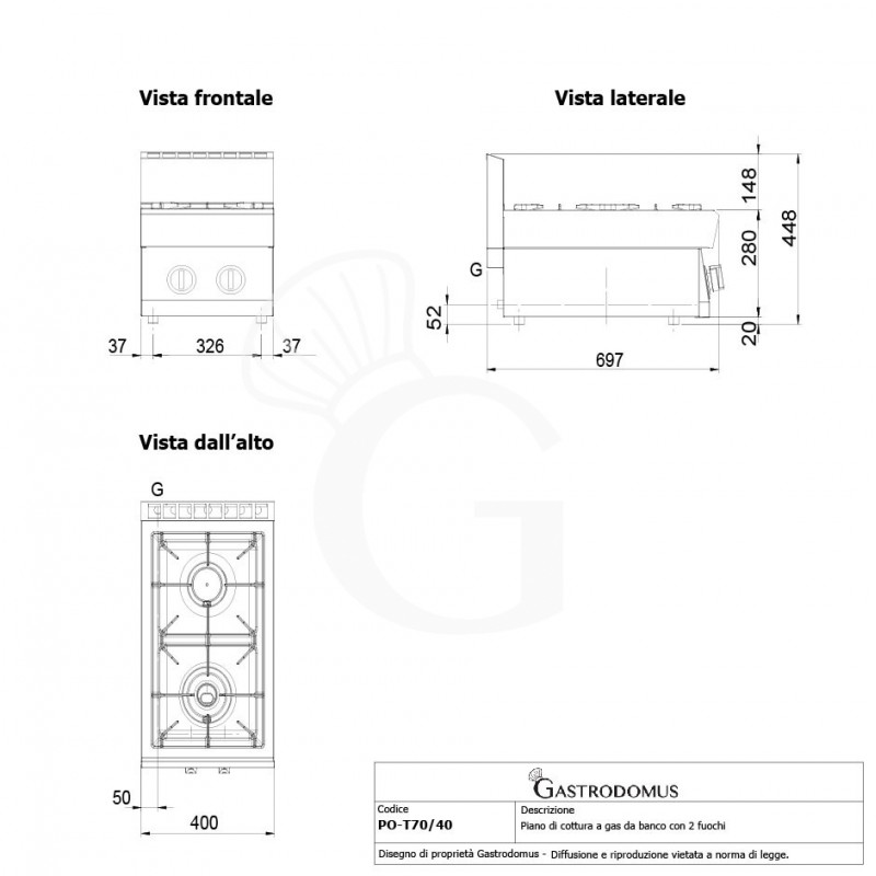 Cocina a gas de sobremesa, 2 fuegos con quemador piloto, 700 mm de profundidad