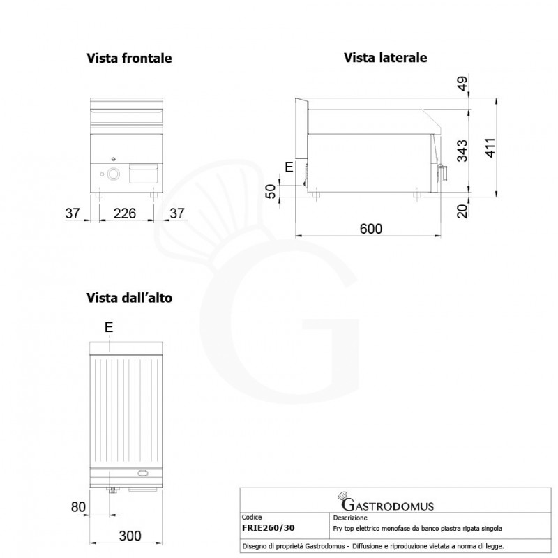 Fry Top eléctrico de sobremesa, una placa acanalada 3000 W Monofásico P 600 mm