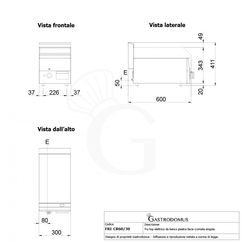 Fry Top eléctrico de sobremesa, una placa lisa cromada 3000 W Trifásico P 600 mm