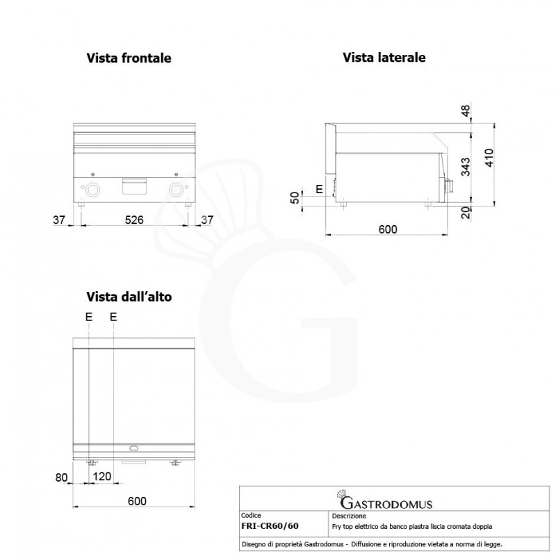 Fry Top eléctrico de sobremesa, placa lisa cromada 6000 W Trifásico P 600 mm