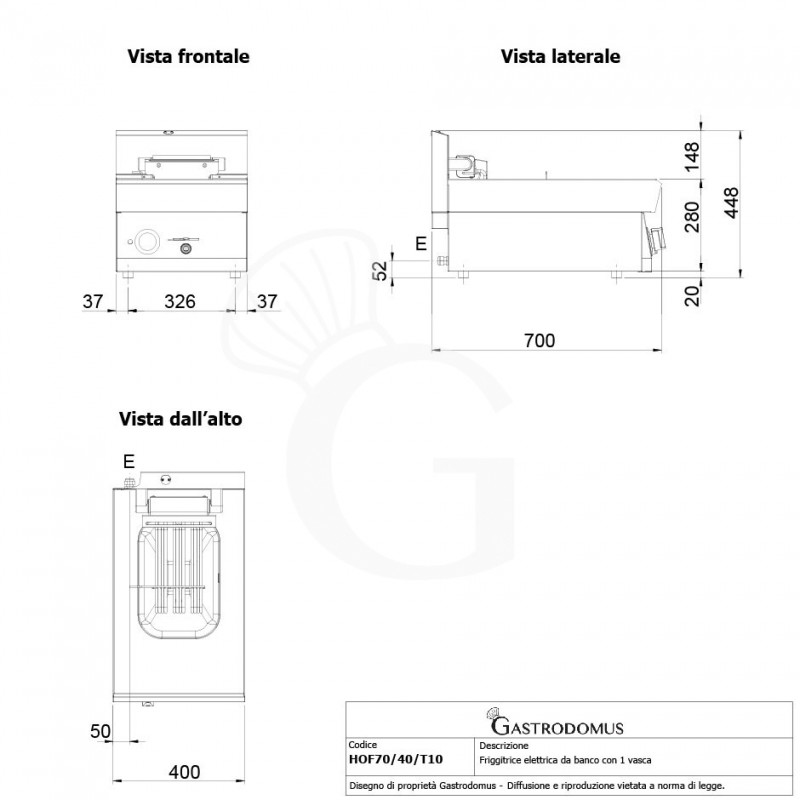 Freidora industrial eléctrica de sobremesa 1 cuba 10 LT 7,5 Kw Trifásica