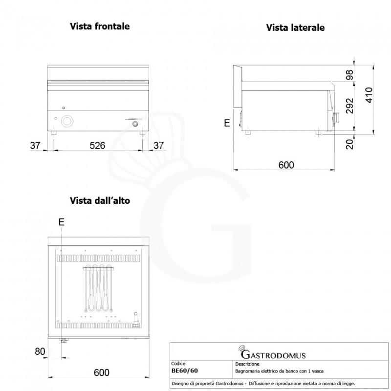 Baño maría eléctrico de sobremesa para cubetas GN A 150 mm L 600 mm x P 600 mm
